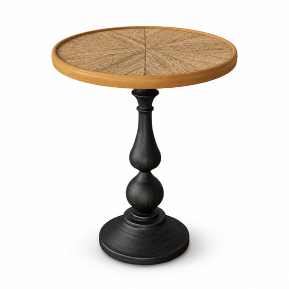 Round Wood End Table, Vintage Farmhouse Side Table W/ Metal Pedestal Base, 20" Small Accent Coffee Table with Natural Wood Top, French Country Nightstand for Living Room Bedroom Sofa Corner Entryway