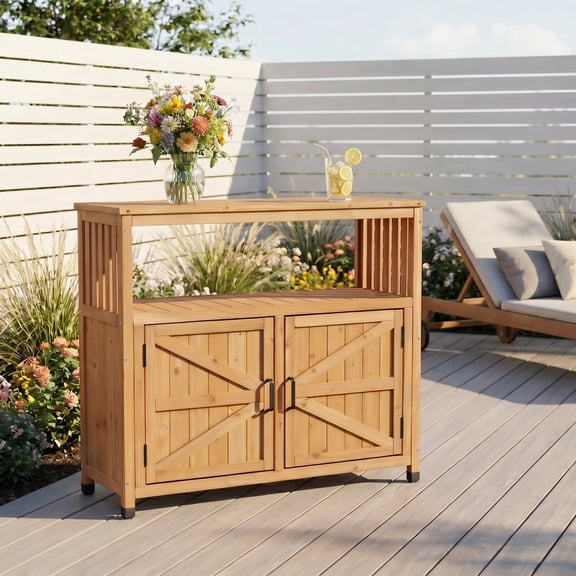 42" Outdoor Patio Bar Cabinet w/Storage, Solid Wood Buffet Sideboard Table, Slatted Door Outdoor Console Table, Backyard Serving Station with Storage Cabinet for Patio, Deck, Garden, Indoor Kitchen