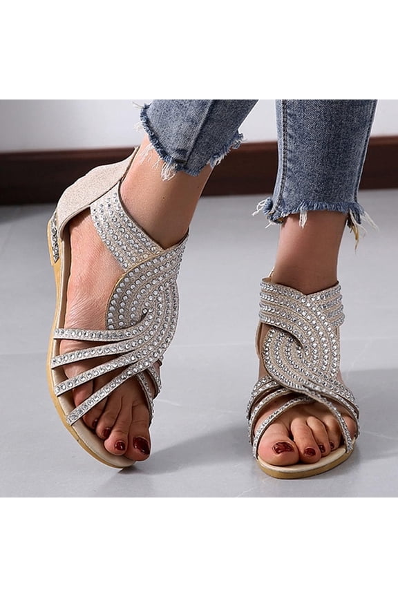 Flat Sandals for Women Open Toe Breathable Ankle Strap Sandals Summer Beach Comfortable Walking Sandal Casual Rhinestones Shoes