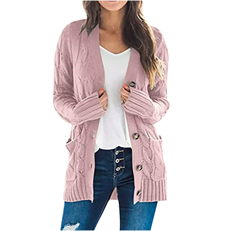 Womens Ladies Chunky Cable Knit Cardigan Button Long Sleeves Grandad  Cardigan