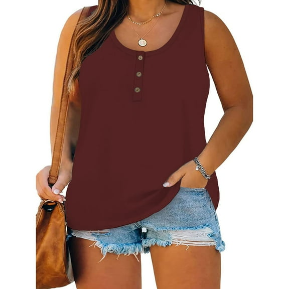 Borniu Summer Tank Tops for Women Plus Size Round Neck Sleeveless Tshirt Casual Flowy Hem Henley Shirt Tops
