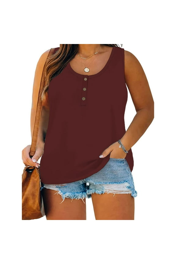 Summer Tank Tops for Women Plus Size Round Neck Sleeveless Tshirt Casual Flowy Hem Henley Shirt Tops