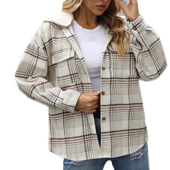 Uhndy 2022 Jackets for Women, Fashion Women Casual Buttons Plaid Printed Long Sleeve Hooded Jacket Outerwear Winter Coats Christmas Gifts for Women