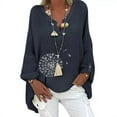 thumbnail image 1 of Uhndy 2022 Women Plus Size Loose Long Sleeve Floral Casual Tunic Tops V Neck Shirts Navy Blue M-LQ, 1 of 1
