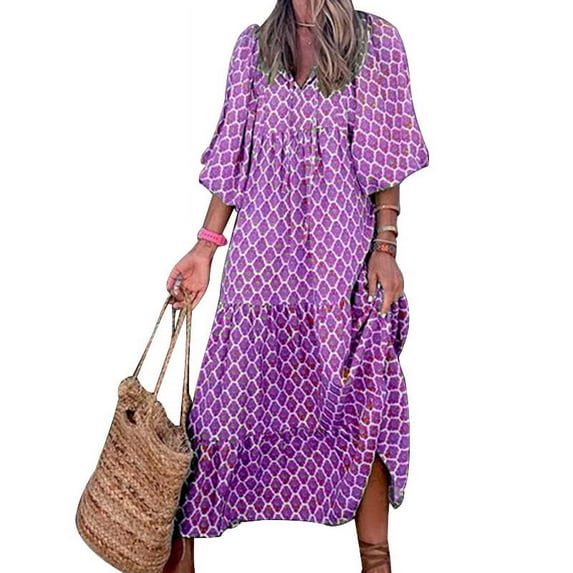 Uhndy Bohemian Dress Women Fall 2022 New Printed Long-sleeved Loose Women Elegant V-Neck Summer Dresses Casual Short Sleeve Dresses Purple XL