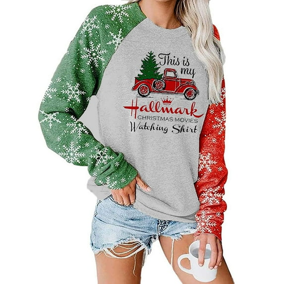 Uhndy Christmas Sweatshirt Women Casual Round Neck Long Sleeve Holiday Shirts Fall Winter Pullover Top Christmas Truck Sweat