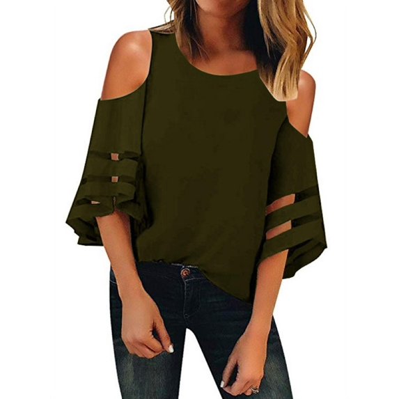 Uhndy Cold Shoulder Women Half Sleeved Casual Tops Loose Blouse Army Green XL