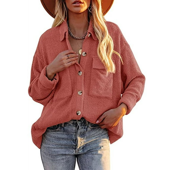 Uhndy Corduroy Jacket Womens Flannel Jacket Long Sleeve Button Down Shirt Collared Tops B-Red XL