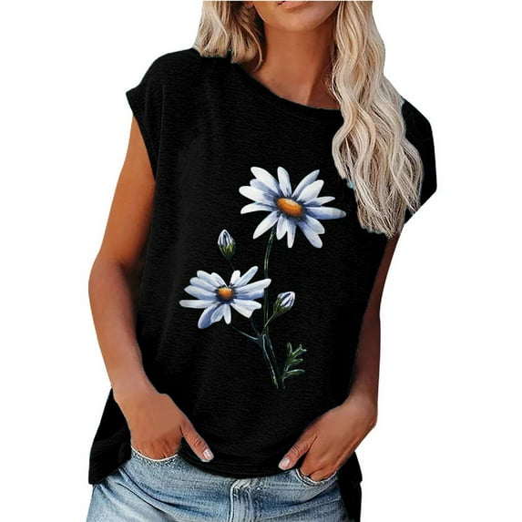 Uhndy Daisy Flower Print Women T-Shirt O Neck Short Sleeve Casual Tees Women Summer Trendy Shirt Female Loose Tops Black XL