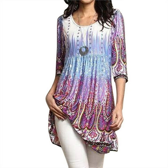 Uhndy Fashion Women's Vintage Empire Waist Paisley Floral Printed 3/4 Sleeve Flared Tunic Dress Tops Plus Size