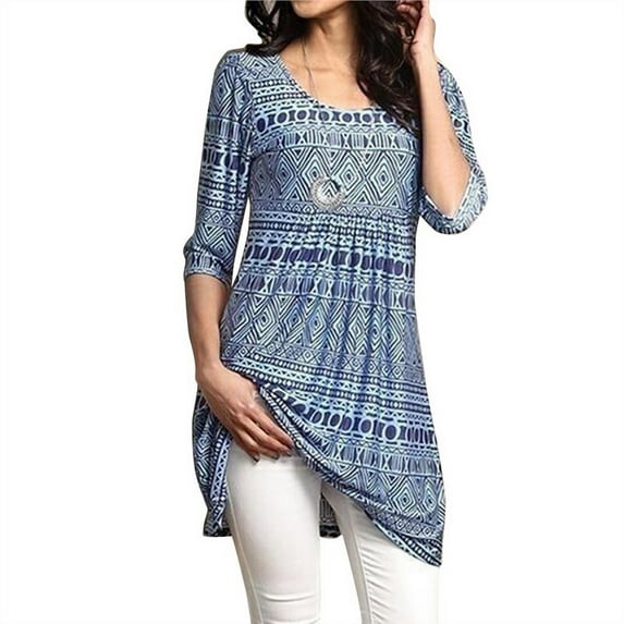 Uhndy Fashion Women's Vintage Empire Waist Paisley Floral Printed 3/4 Sleeve Flared Tunic Dress Tops Plus Size