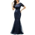 thumbnail image 1 of Uhndy Formal Gown Women's Roud Neck Short Sleeve Lace Sequins Tulle Dresses Long Party Dresses for Women Sexy Elegant Dress Navy blue S, 1 of 5
