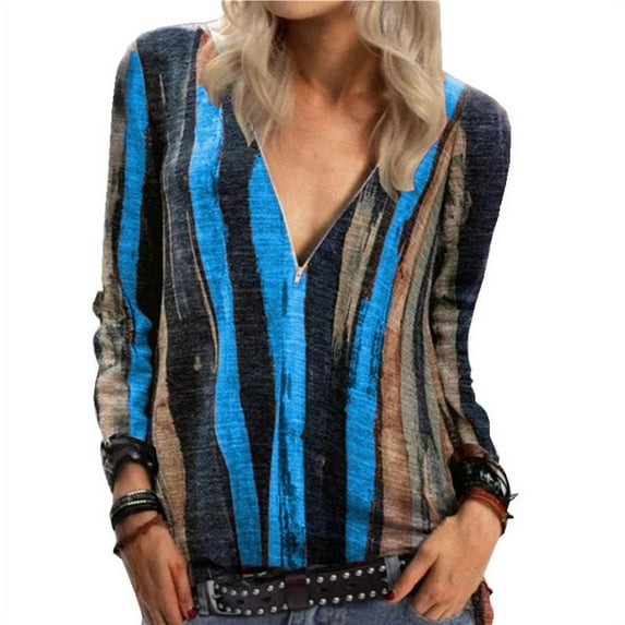 Uhndy Ladies Casual Sweatshirts 1/4 Zipper Spliced Color Blouse Tops Stripe Tie Dye pullover Sexy V Neck T-shirts-LQ