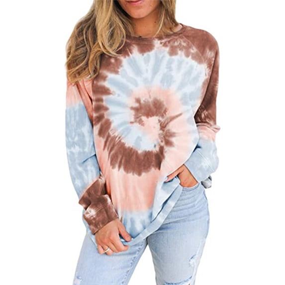 Uhndy Long Sleeve Tie-Dye Jumper Pullover Top Shirt For Women Sweatshirt Casual Loose Holiday Ladies Tops Blouse Funny Gradient Lounge Wear T-Shirt #4-Khaki 2XL