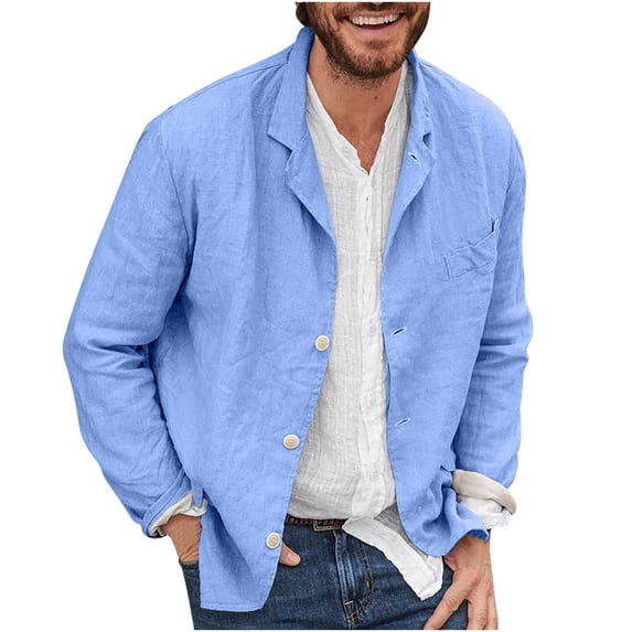 Uhndy Men's Outwear Spring And Autumn Solid Color Cotton And Linen Loose Coat Shirt Autumn and Winter Coat Men's Outwear Stretch Plus Size Blue XXL