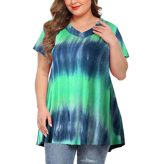 Uhndy Plus Size Tops for Women, Casual Plus Size Print Short Sleeve V-Neck Pleated Hem Blouse Shirt Tops green 5XL