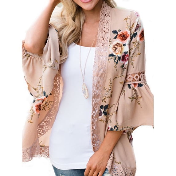 Uhndy Plus Size Women Boho Long Sleeve Kimono Cardigan Open Front Floral Casual Blouse Khaki 2XL