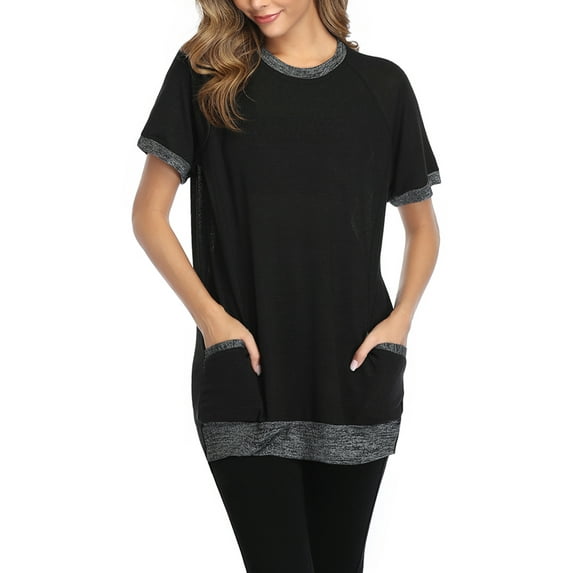 Uhndy Short Sleeve Pocket T Shirt For Women Casual Summer Color Block Tunic Blouse Tops Crew Neck Loose Fit T-Shirt Black XL