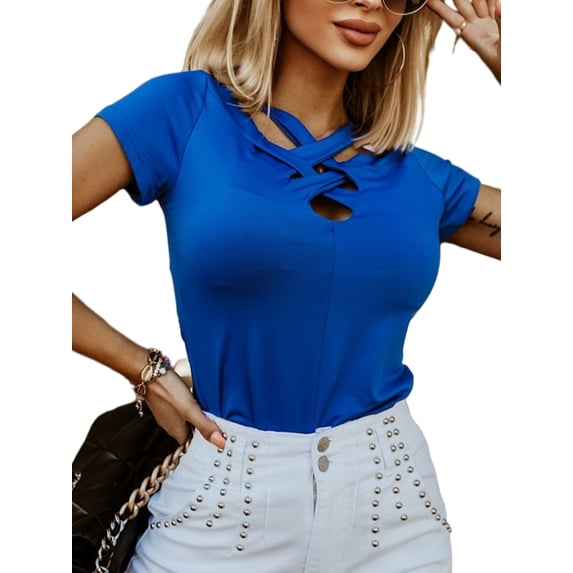 Uhndy Solid Color Basic Top for Womens Criss Cross Short Sleeve Shirts Summer Holiday Tunic Blouse blue 2XL