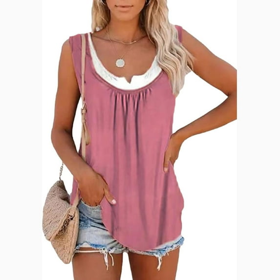 Uhndy Solid Color Stitching Sleeveless Pleated Vest Round Crew Women's Casual Loose Tank Top T-shirt-LQ