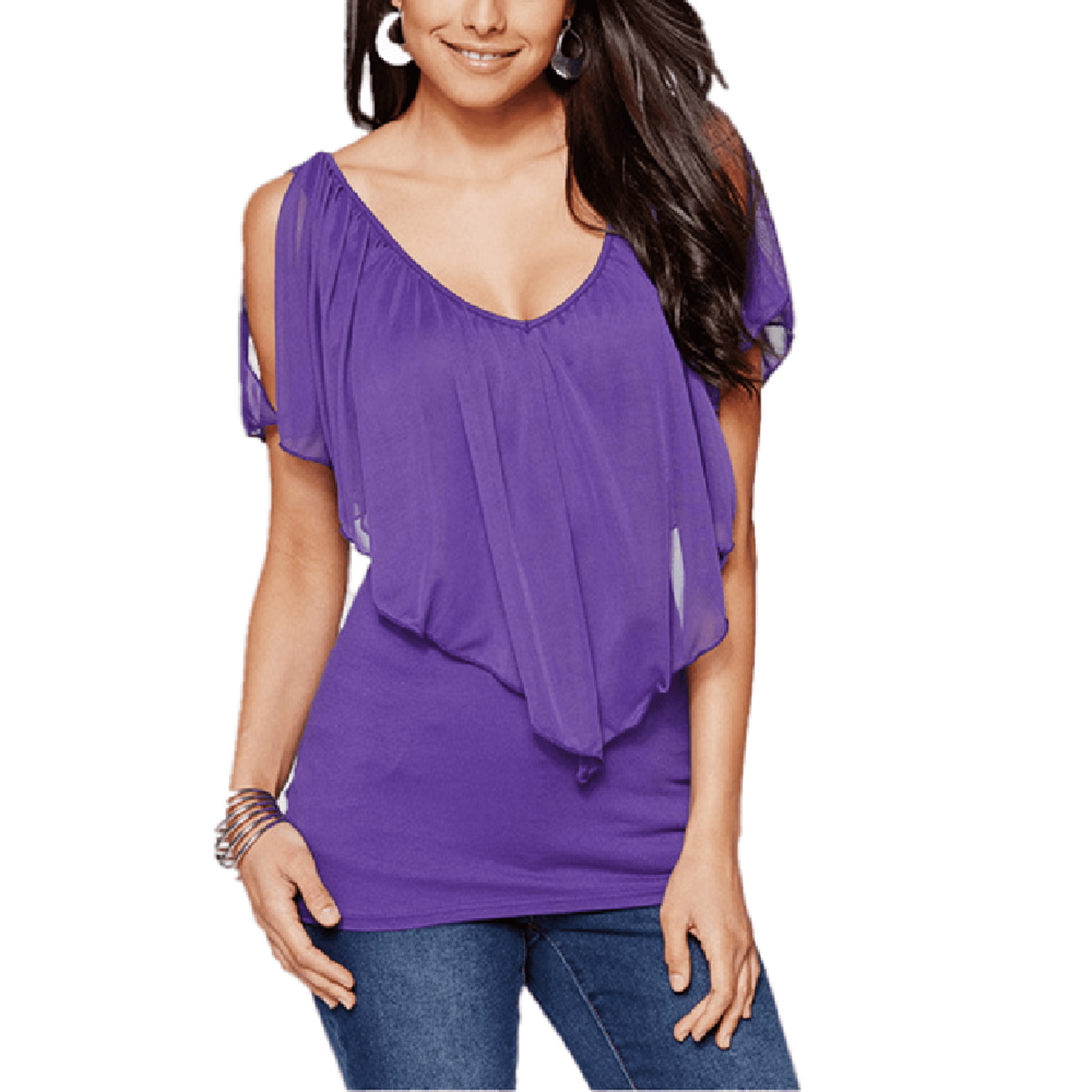Uhndy Summer Batwing Sleeve Chiffon Blouse Casual V-Neck Ruffles Stitching Solid Women Elegant Tops Purple XXXL