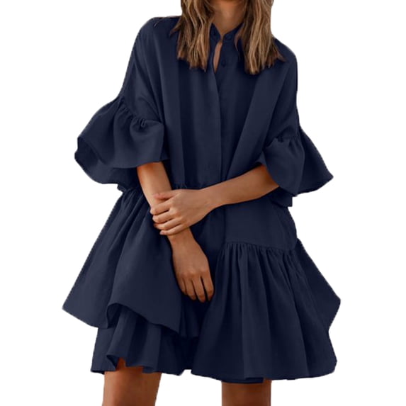Uhndy Summer Ruffle Sleeve Tiered Babydoll Dress For Women Flowy Swing Mini Dress Boho Flowy Pleated Dress