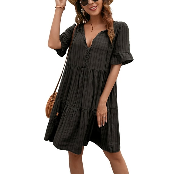 Uhndy Summer Swing Dress for Women Casual Loose Short Sleeve Beach Dress Sexy V Neck Strap Ruffle Short Dresses