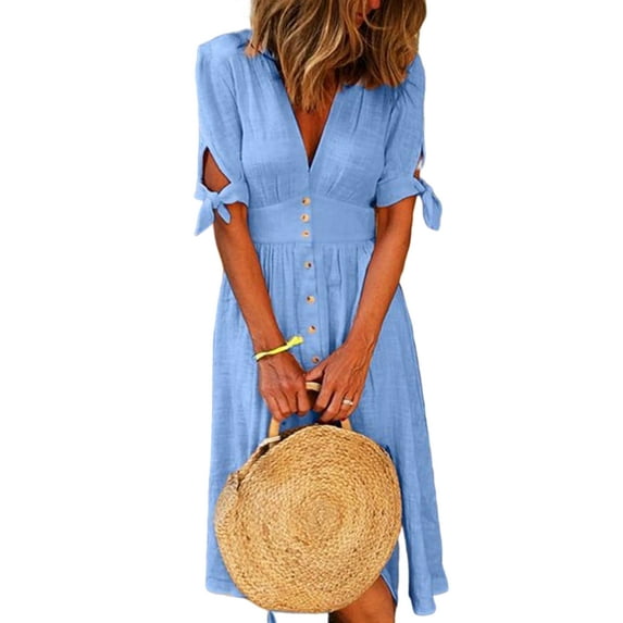 Uhndy Tunic Dress For Women Short Sleeve Casual Midi Dress Summer Plain Beach Dress Party Cocktail Holiday Dresses Blue 4XL