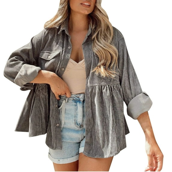 Uhndy Winter Jackets Coats for Women, Ladies Corduroy Buttoned Cardigan Solid Color Long Sleeve Lapel Loose Padded Shirt Top Christmas Gifts for Women
