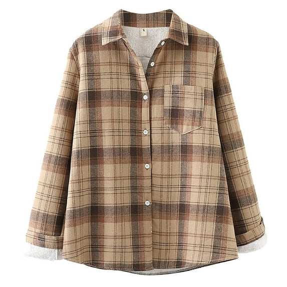 Uhndy Winter Jackets Coats for Women, Women Long Sleeve Lapel Brushed Plaid Shirt Jacket Casual Warm Fleece Lined Button Down Plaid Shacket Jacket Coat Christmas Gifts for Women