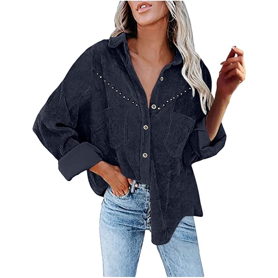 Uhndy Winter Jackets Coats for Women, Women Pockets Buttons Long Sleeve Tops Outwear Solid Color Turn-down Collar Corduroy Jacket Coat Christmas Gifts for Women