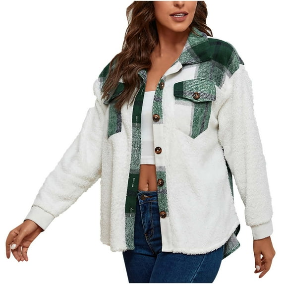 Uhndy Winter Jackets Coats for Women, Fashion Women Winter Plaid Print Long Sleeve Buttons Patchword Coat Blouse Christmas Gifts for Women