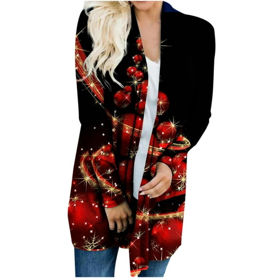 Uhndy Winter Jackets Coats for Women, Women Autumn And Winter Loose Long-sleeved Cardigan Christmas Print Coat Christmas Gifts for Women