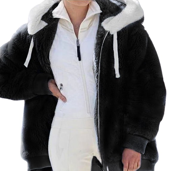Uhndy Winter Plush Coat for Women Color Block Long Sleeve Cardigan Casual Loose Fit Hooded Jacket Cover Ups Clothes