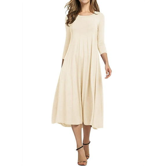 Uhndy Women 3/4 Sleeve Round Neck Swing Midi Dress Beige S
