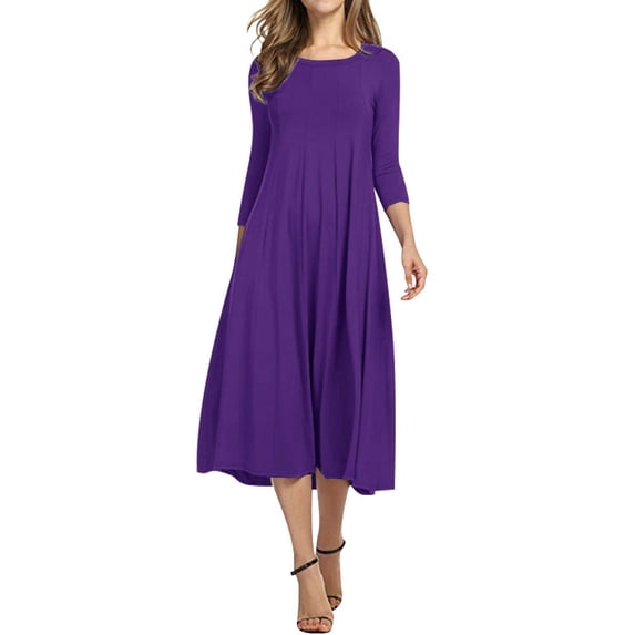 Uhndy Women 3/4 Sleeve Round Neck Swing Midi Dress Purple S