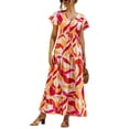 thumbnail image 1 of Uhndy Women Boho Beach Dress Short Sleeve V-Neck Vintage Fashion Empire Waist Floral Printed Tiered Maxi Dress, 1 of 4