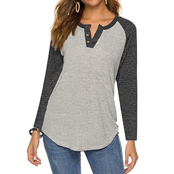 Uhndy Women Button V Neck Solid Color Spliced Long Sleeve Blouse，Women's Printed T-shirt Mid-length 3/4 Sleeves Plus Size Tops