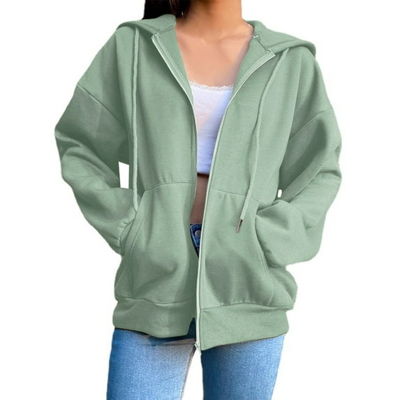 Uhndy Women Casual Long Sleeve Hoodied Jacket Tops Solid Color Drawstring Zipper Cardigan Coat With Pockets