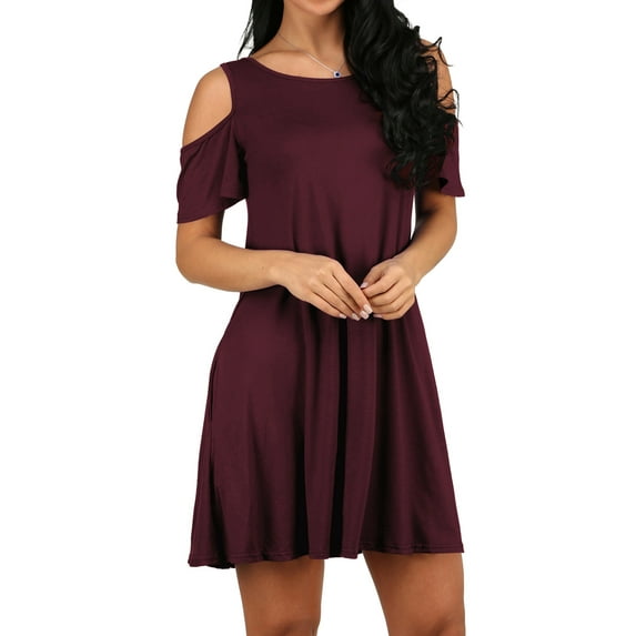 Uhndy Women Cold Shoulder Solid Color Party Dress with Pocket Wine Red XL