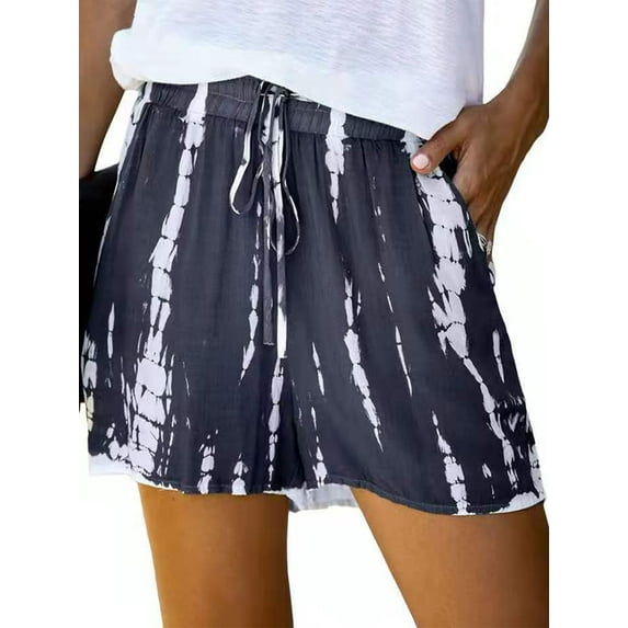 Uhndy Women Elastic Waist Tie Dye Printed Shorts Casual Loose Beach Short Hot Pants With Pockets Black 5XL