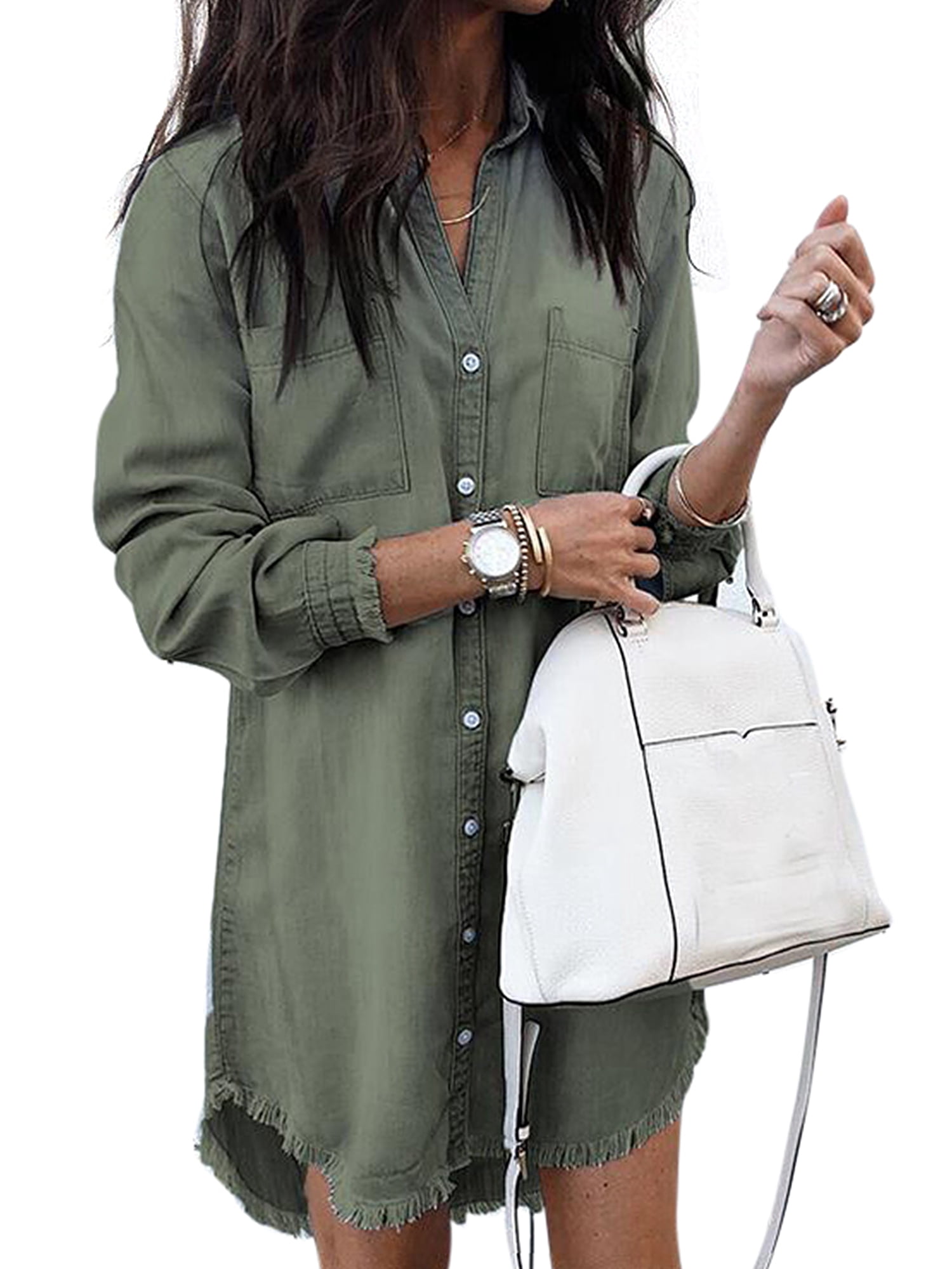Uhndy Women Long Sleeve Mini Dress Denim Dhirt Dresses for Women, Loose  Long High Low Top Blouse, Tassel Denim Top T-Shirt Button Boyfriend Shirt  Green XL - Walmart.com