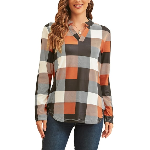 Uhndy Women Long Sleeve Plaid Tunic Shirt V Neck Pullover Blouse Tops Ladies New Fall Winter Roll-up Shirt Baggy Color Block Checked T Shirt Tops Orange 3XL