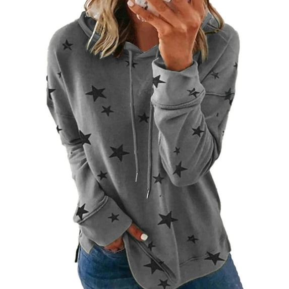 Uhndy Women Long Sleeve Star Print Hoodies Casual Pullover Sweatshirt Side Split Blouse Tops Tee Shirts Daily Wear Darkgray 3XL