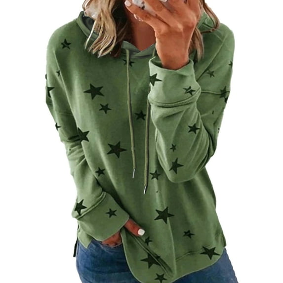 Uhndy Women Long Sleeve Star Print Hoodies Casual Pullover Sweatshirt Side Split Blouse Tops Tee Shirts Daily Wear Green M