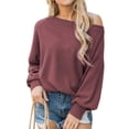 thumbnail image 1 of Uhndy Women Oblique Shoulder Long Sleeve Solid Color Blouse Purple S, 1 of 5