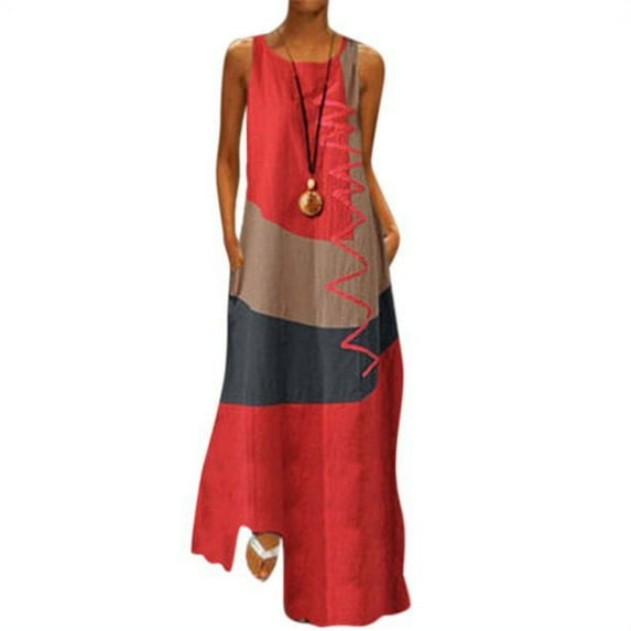 Uhndy Women Plus Size Daily Sleeveless Vintage Patchwork Bohemian O Neck Maxi Dress Red 2XL-LQ