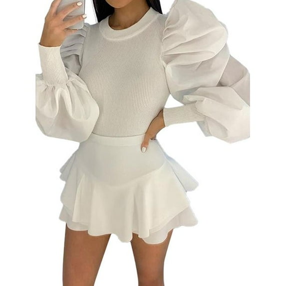 Uhndy Women Puff Sleeve Tops Pullover Blouse Jumper Ribbed Shirt White L-LQ