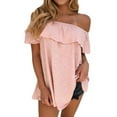 thumbnail image 1 of Uhndy Women Ruffled Off Shoulder Short Sleeve Solid Color Blouse Pink XL-LQ, 1 of 2