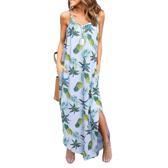 Uhndy Women'S Summer Maxi Dress Casual Loose Pockets Long Dress Floral Print Sleeveless Split Dress Beach Kaftan Cover Up Dress-LQ